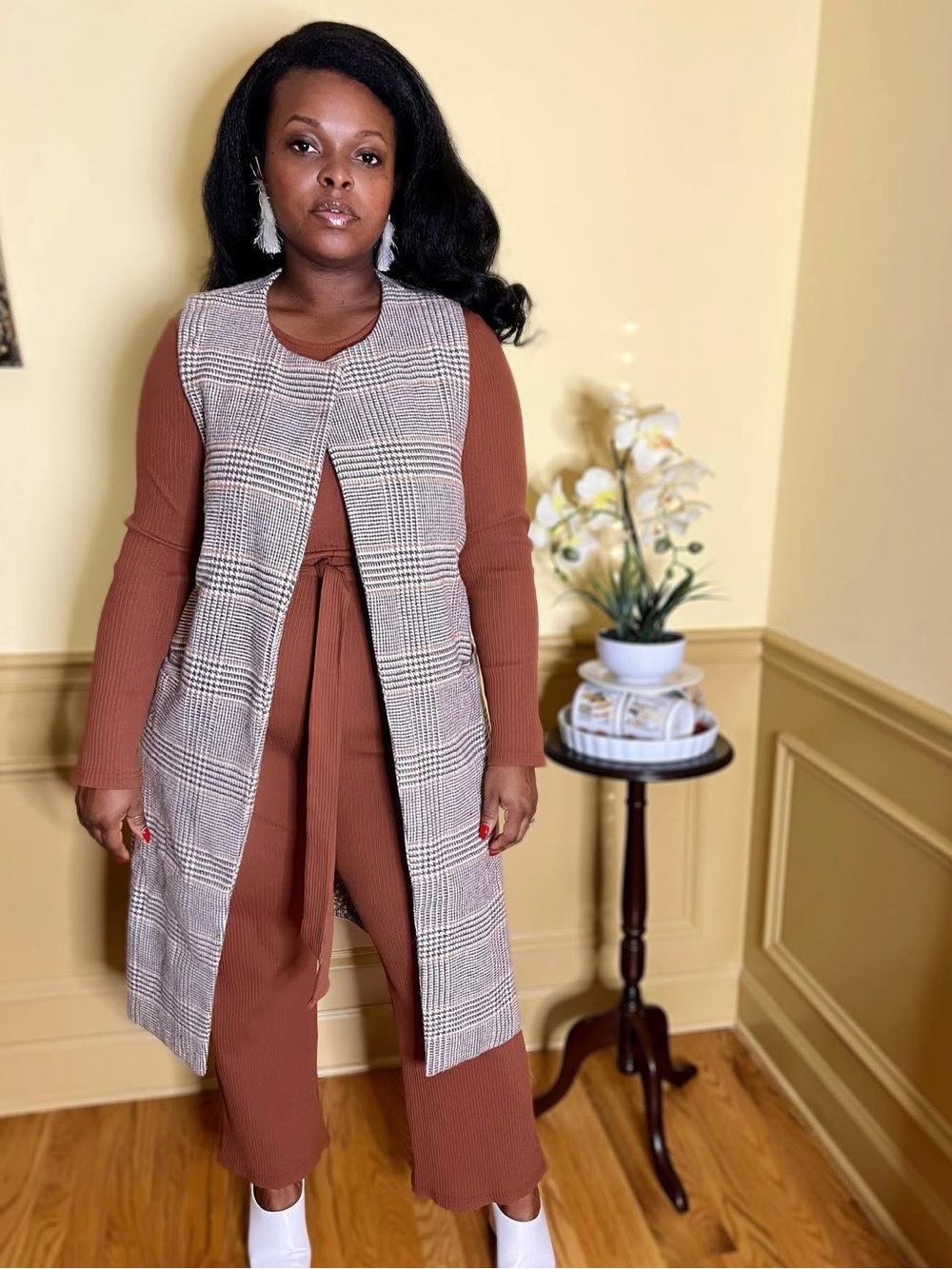 NWT Plaid Longline Vest | Camel Brown Glen Plaid
